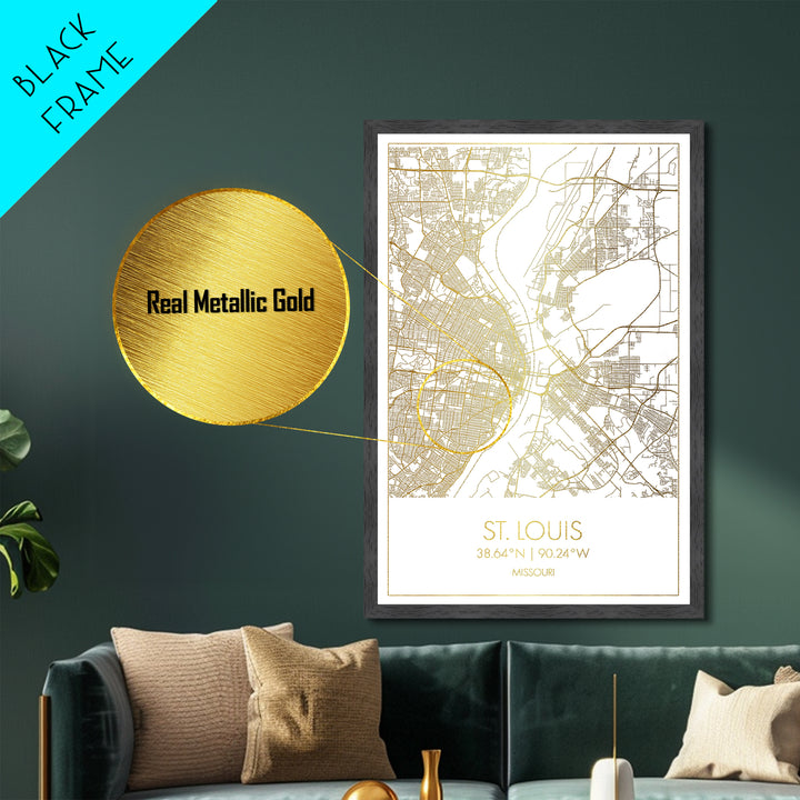 St. Louis Missouri City Poster, Metallic Gold Art, Metal Art, real wood frames, black and gold, Street Map Art, Modern House Art