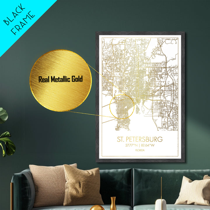 St. Petersburg Florida City Poster, Metallic Gold Art, Metal Art, real wood frames, black and gold, Map Art, Best Friend Gifts