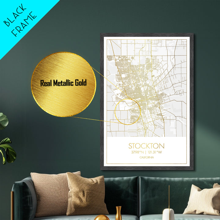 Stockton California City Poster, Metallic Gold Art, Metal Art, real wood frames, black and gold, Minimalist Wall Art, Map Print Poster