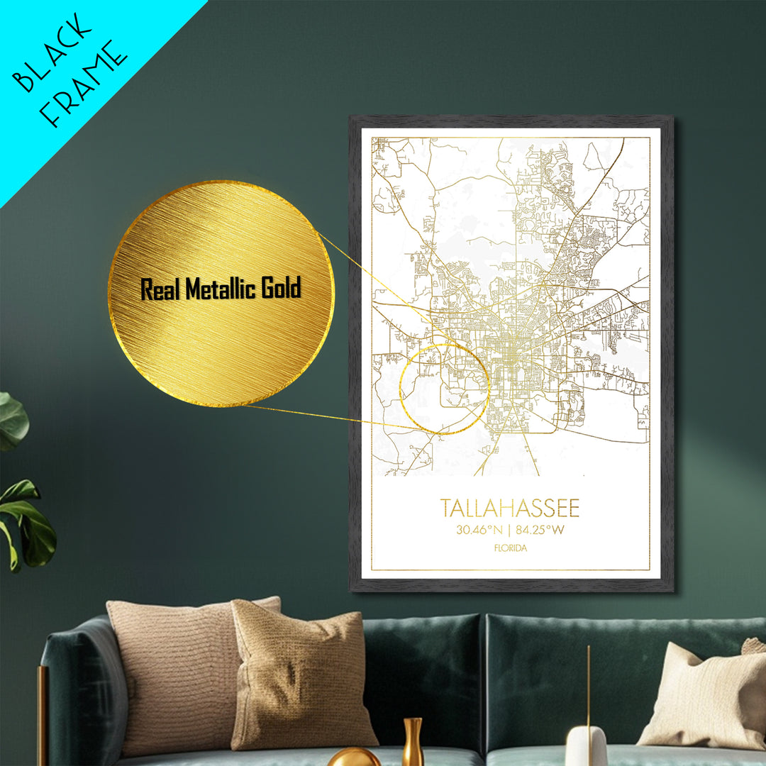 Tallahassee Florida City street map, Metallic Gold Print, Metal Art, wood framed map, black and gold, Gold Street Map Art, Modern Wall Art