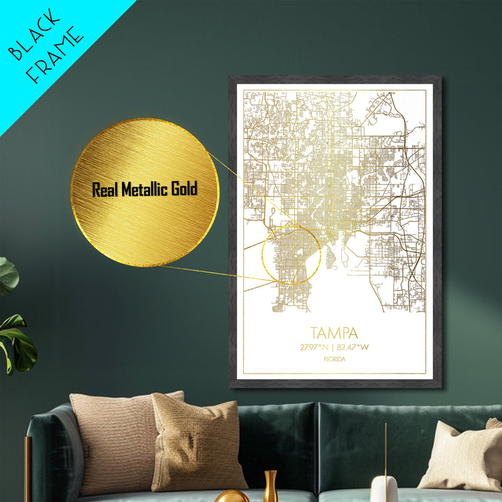 Tampa Florida City Poster, Metallic Gold Art, Metal Art, real wood frames, black and gold, Street Map Wall Art, Closing Gift