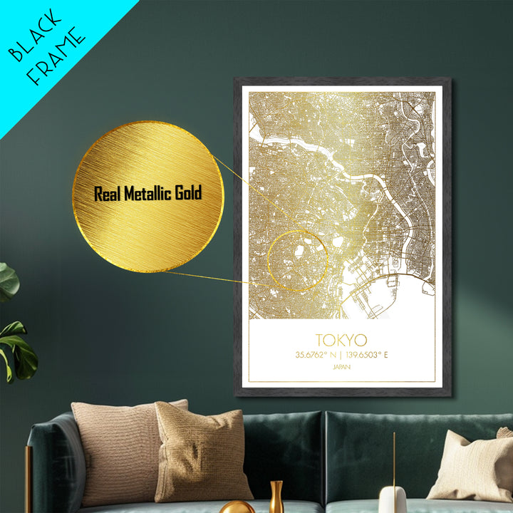 Tokyo Japan City Poster, Metallic Gold Art, Metal Art, real wood frames, black and gold, Gold Street Map Art, Modern Wall Art