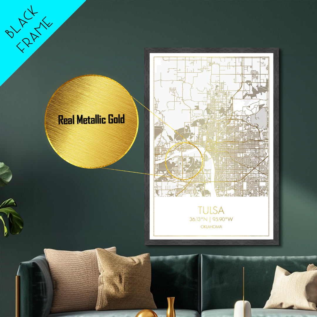 Tulsa Oklahoma City Poster, Metallic Gold Art, Metal Art, real wood frames, black and gold, Map Art, Best Friend Gifts
