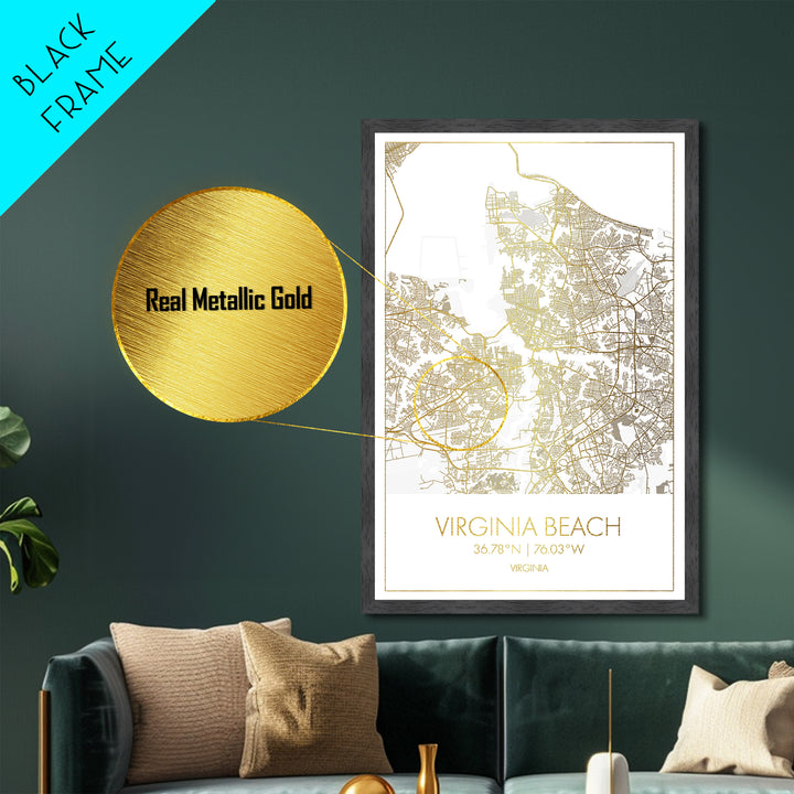Virginia Beach Virginia City Poster, Metallic Gold Art, Metal Art, real wood frames, black and gold, Minimalist Wall Art, Map Print Poster