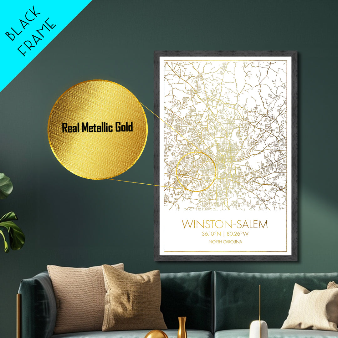 Winston-Salem North Carolina City Poster, Metallic Gold Art, Metal Art, real wood frames, black and gold, Street Map Wall Art, Closing Gift