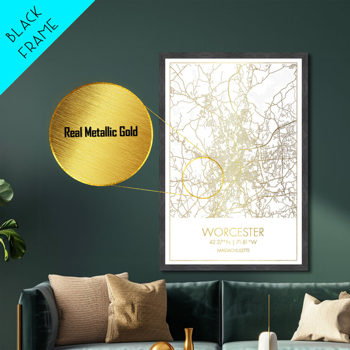 Worcester Massachusetts City street map, Metallic Gold Print, Metal Art, wood framed map, black and gold, Map Art, Housewarming Gift