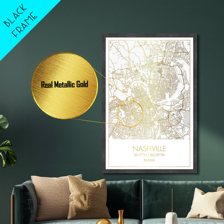 Nashville Tennessee City street map, Metallic Gold Print, Metal Art, wood framed map, black and gold, Street Map Art, Office Decor