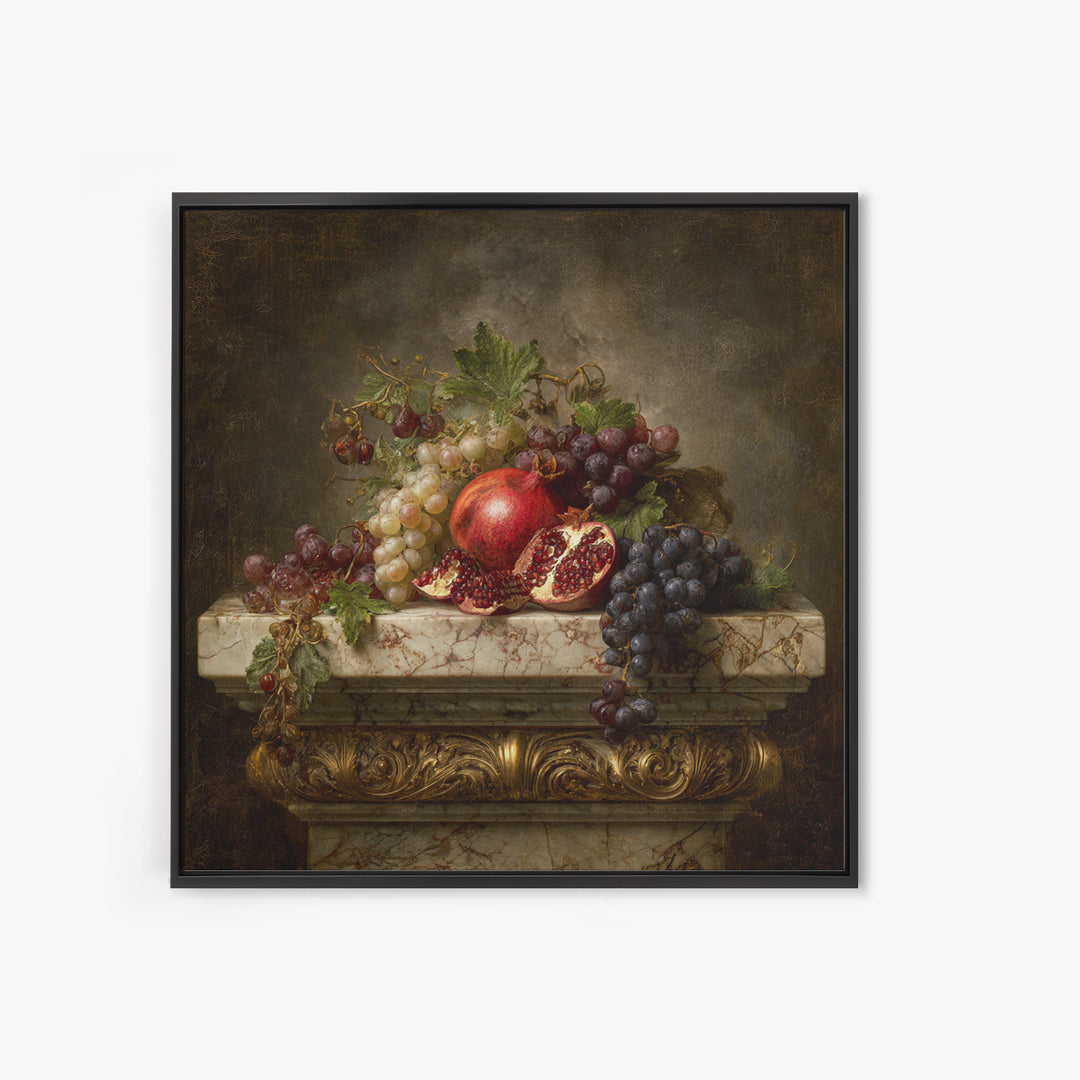Pomegranate and Grapes on Marble Ledge Canvas Print, Renaissanceinspired Art, Celestial Decor, Living Room Decor, Classic, REN-1x1-17