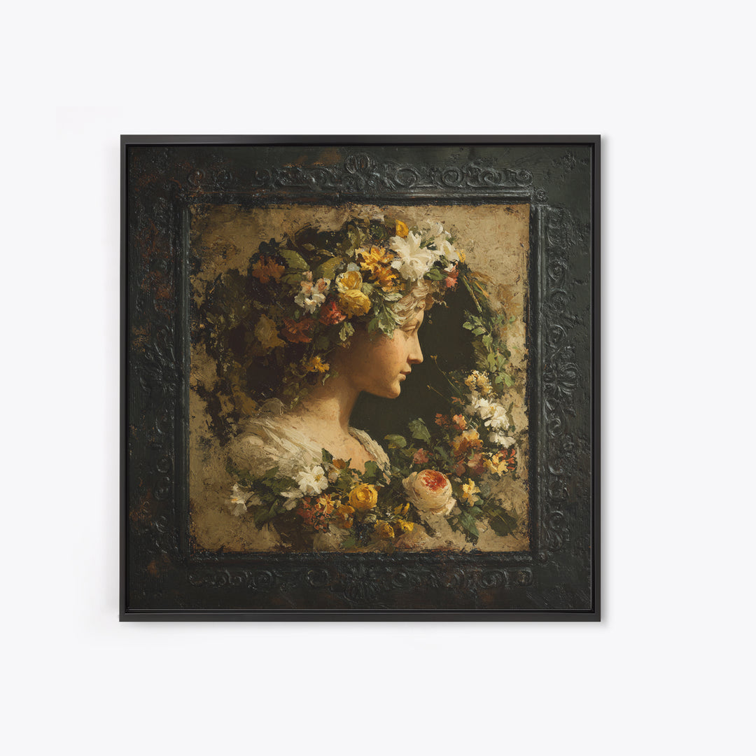 Floral Garland Surrounding a Classical Profile Canvas Print, Renaissanceinspired Art, Unique Wall Art, Living Room Decor, REN-1x1-22
