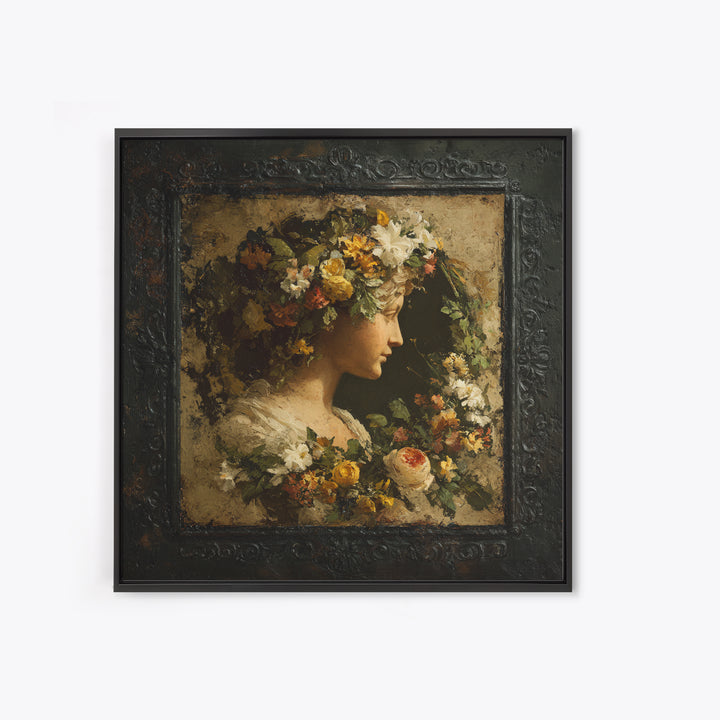 Floral Garland Surrounding a Classical Profile Canvas Print, Renaissanceinspired Art, Unique Wall Art, Living Room Decor, REN-1x1-22