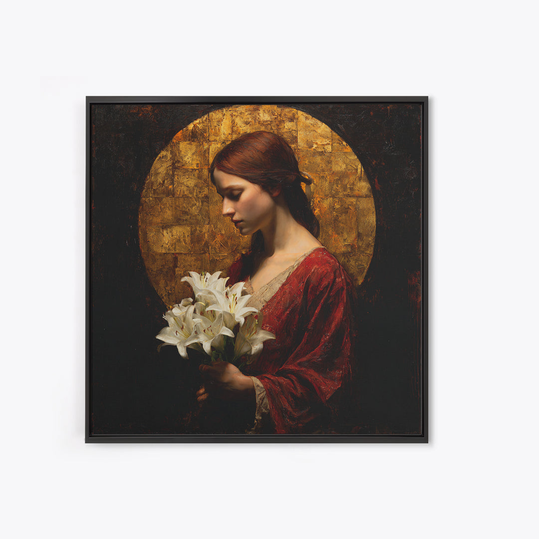 Saint Like Figure Holding White Lilies Framed Canvas Print, Renaissanceinspired Art, Floral Print, Living Room Decor, Classic, REN-1x1-37