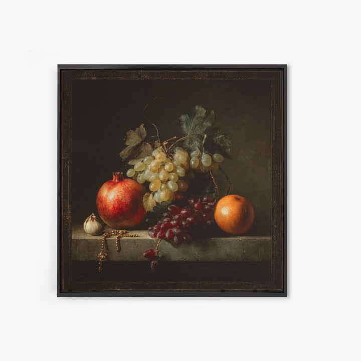 Oil Painted Fruit Still Life on Dark Canvas Print, Renaissanceinspired Art, Elegant Home Decor, Living Room Decor, Classic, REN-1x1-75