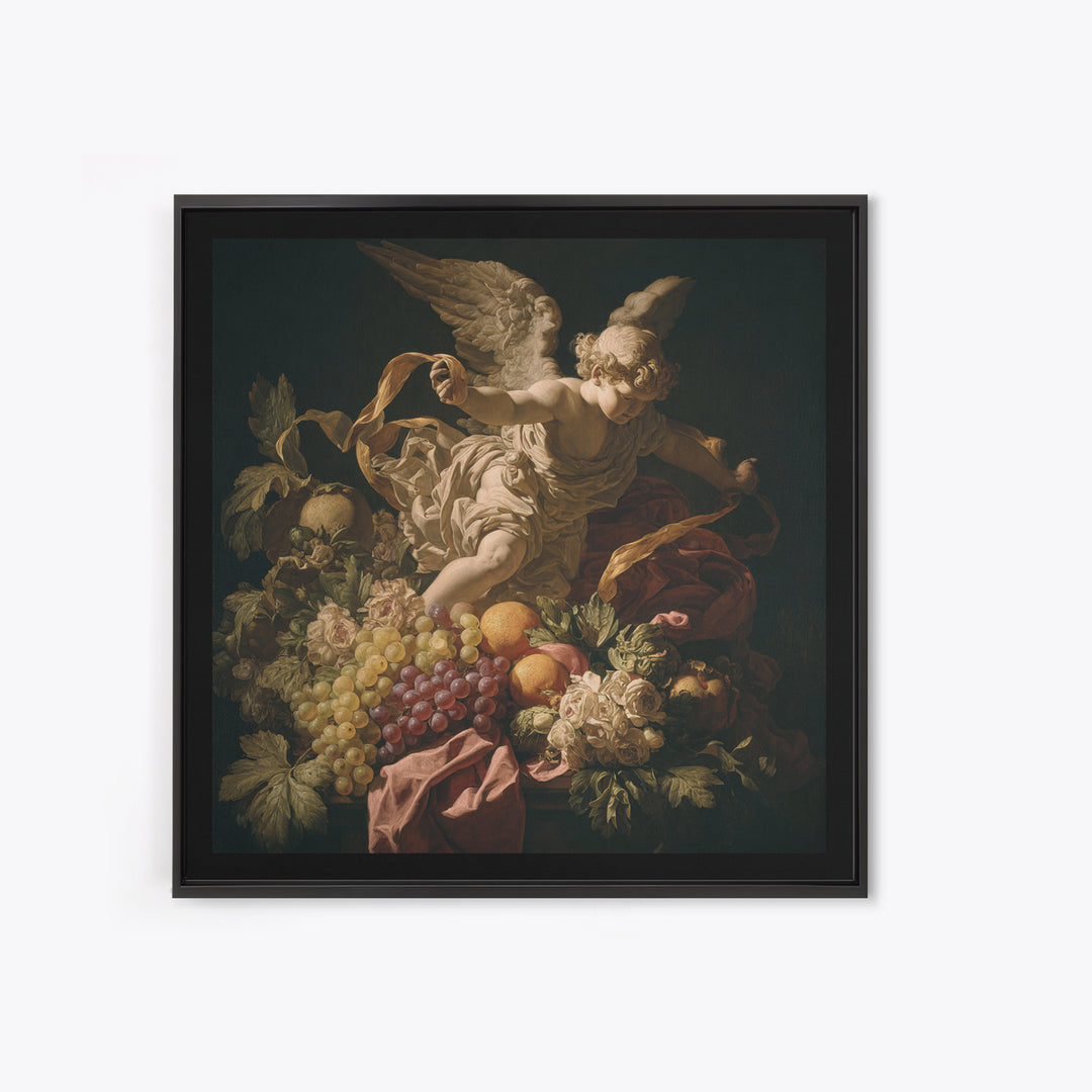 Cherub Holding a Ribbon Among Clouds Framed Canvas Print, Renaissanceinspired Art, Fantasy Decor, Living Room Decor, Classic, REN-1x1-78