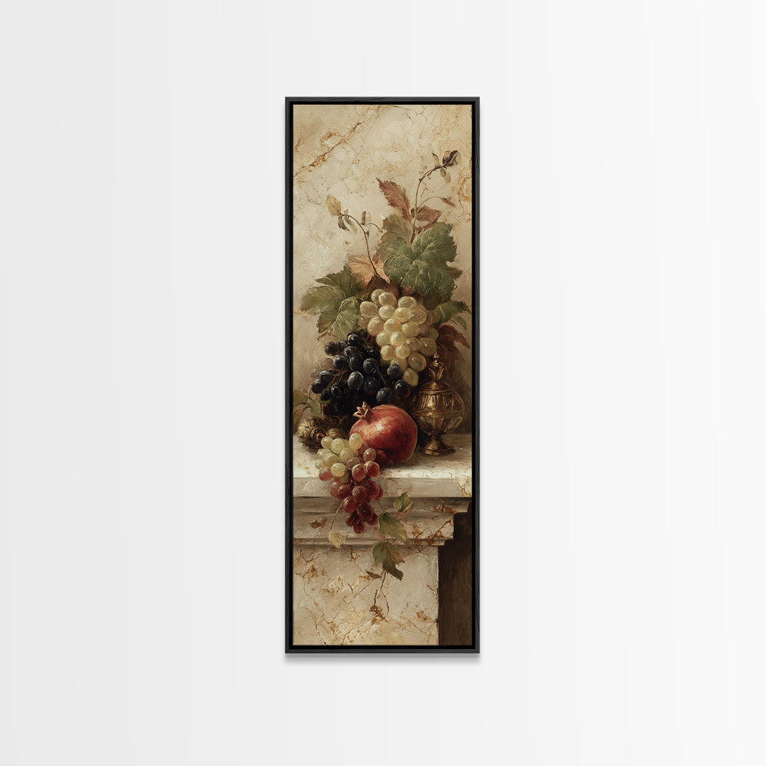 Pomegranate and Grapes on Marble Ledge Framed Canvas Print, Renaissanceinspired Art, Cat Painting, Living Room Decor, Classic, REN-1x3-29