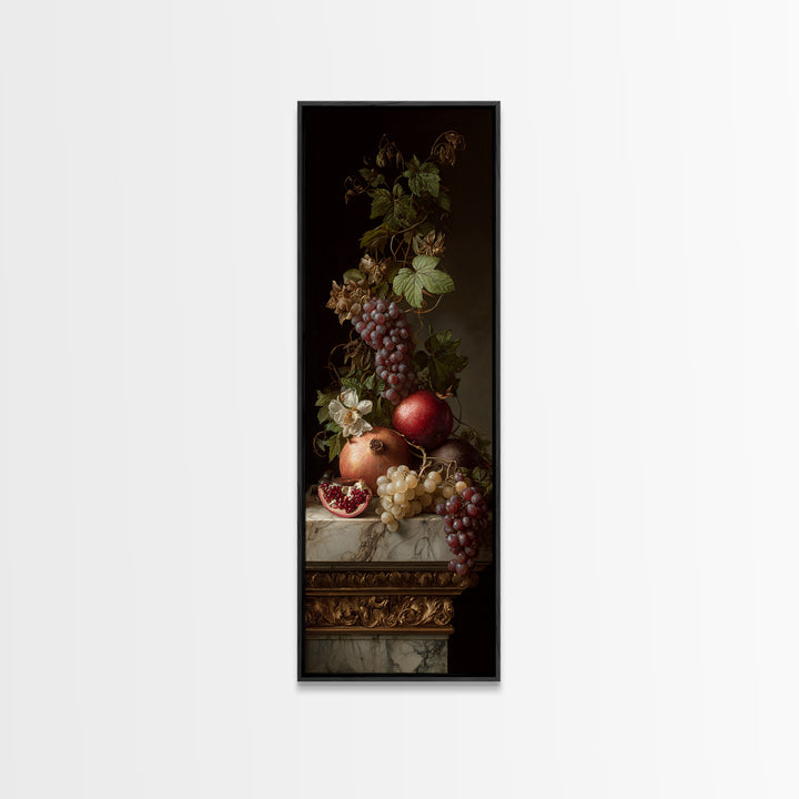 Pomegranate and Grapes on Marble Ledge Canvas Print, Renaissanceinspired Art, Celestial Decor, Living Room Decor, Classic, REN-1x3-5