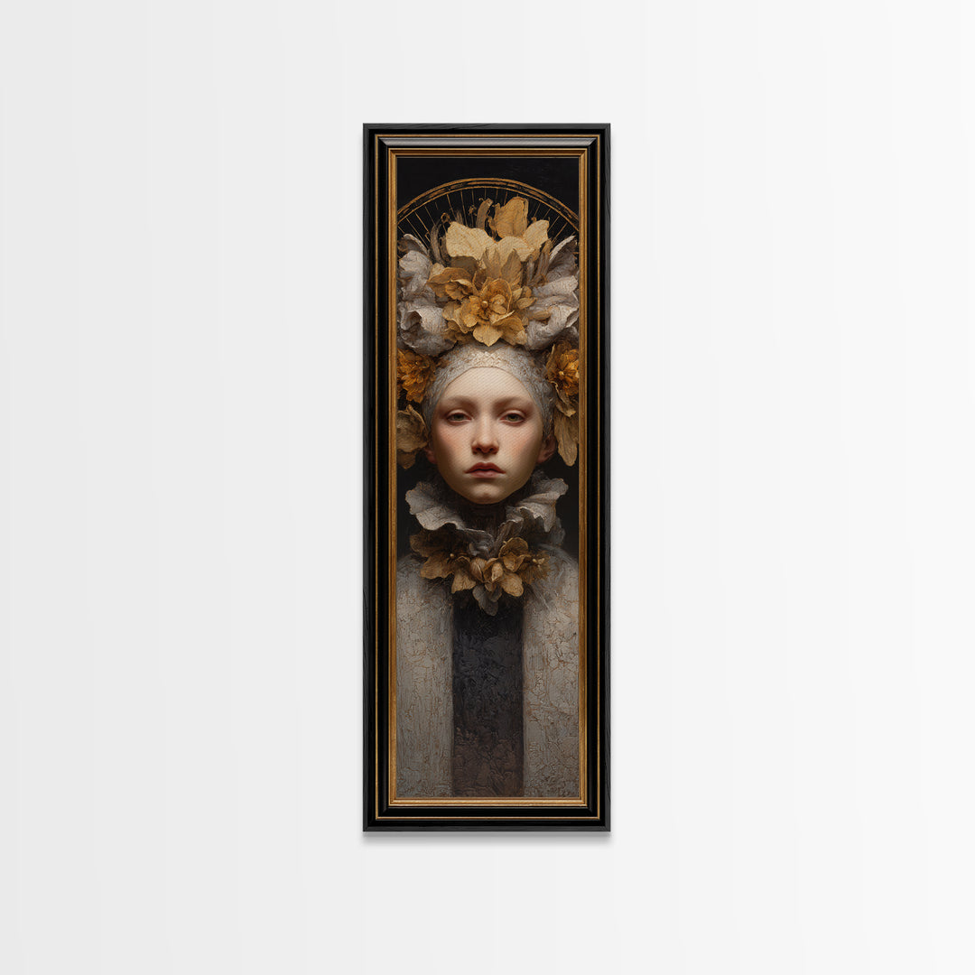 Gold Halo Portrait Canvas Print, Renaissanceinspired Art, Floral Painting, Living Room Decor, Oil Painting, Classic, Art Print, REN-1x3-65