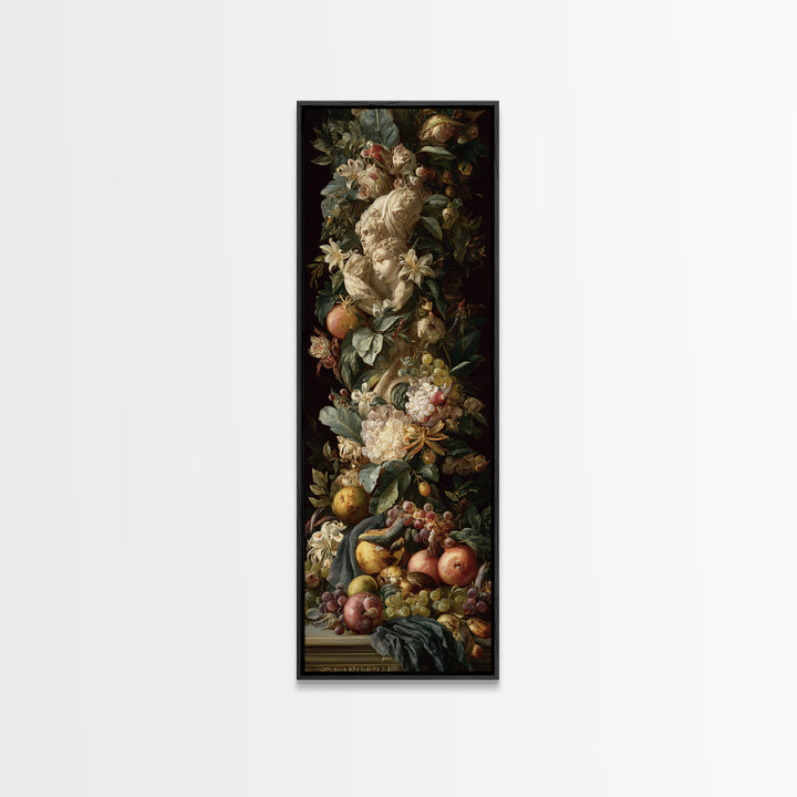 Floral Garland Surrounding a Classical Profile Canvas Print, Renaissanceinspired Art, Painting from Photo, Living Room Decor, REN-1x3-82