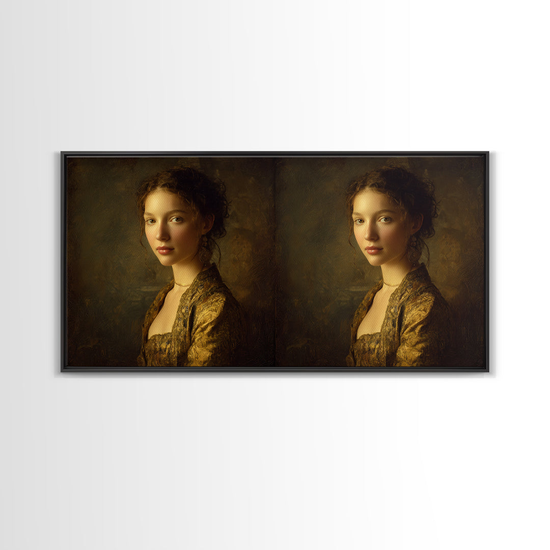 Gold Halo Portrait Framed Canvas Print, Renaissanceinspired Art, Neutral Decor, Living Room Decor, Fine Art, Classic, REN-2x1-1
