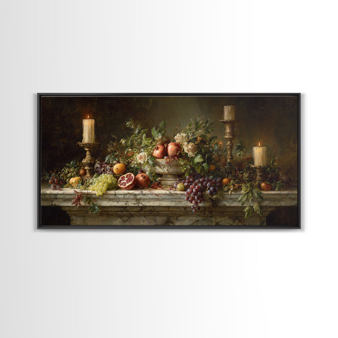 Pomegranate and Grapes on Marble Ledge Framed Canvas Print, Renaissanceinspired Art, Home Decor, Living Room Decor, Classic, REN-2x1-13