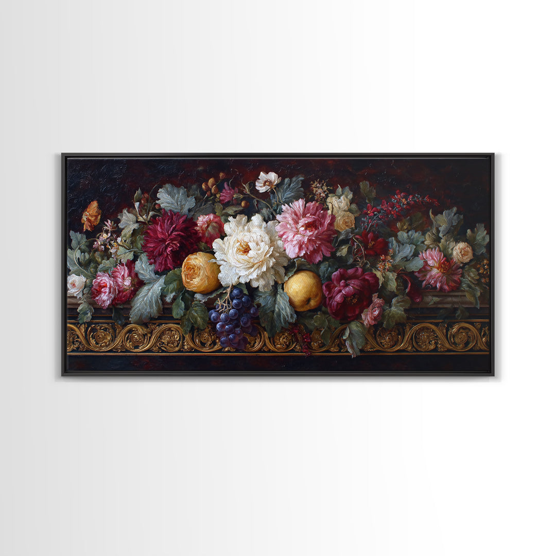 Floral Garland Surrounding a Classical Profile Canvas Print, Renaissanceinspired Art, Home Altar, Living Room Decor, Classic, REN-2x1-18