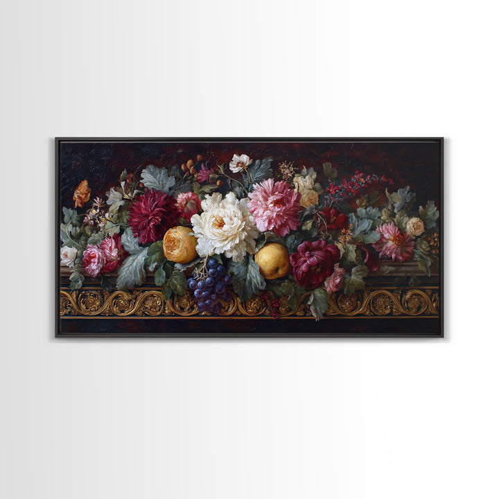 Floral Garland Surrounding a Classical Profile Canvas Print, Renaissanceinspired Art, Home Altar, Living Room Decor, Classic, REN-2x1-18