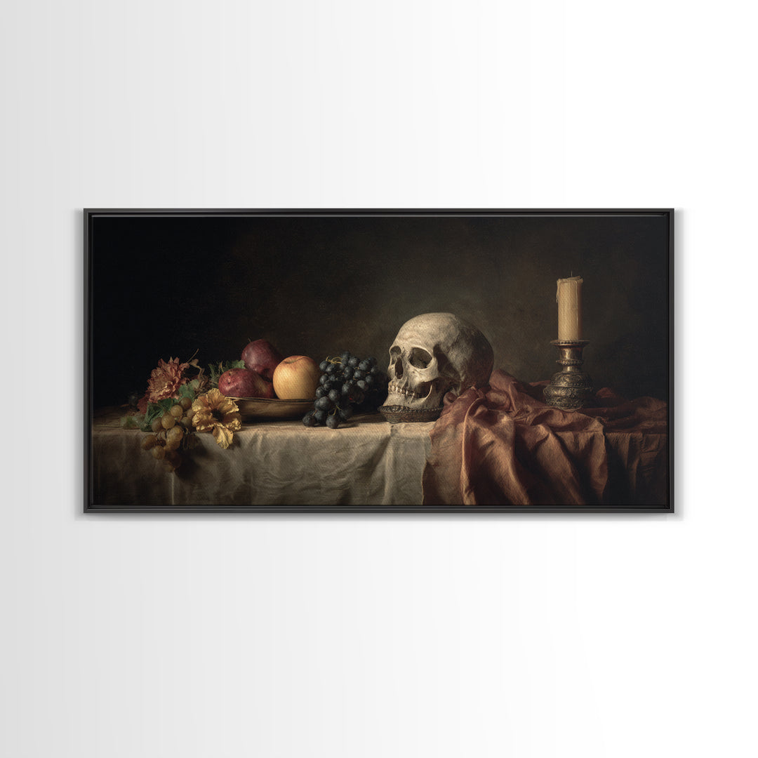 Old Master Skull and Candle Still Life Framed Canvas Print, Renaissanceinspired Art, Classic Art, Living Room Decor, Classic, REN-2x1-30