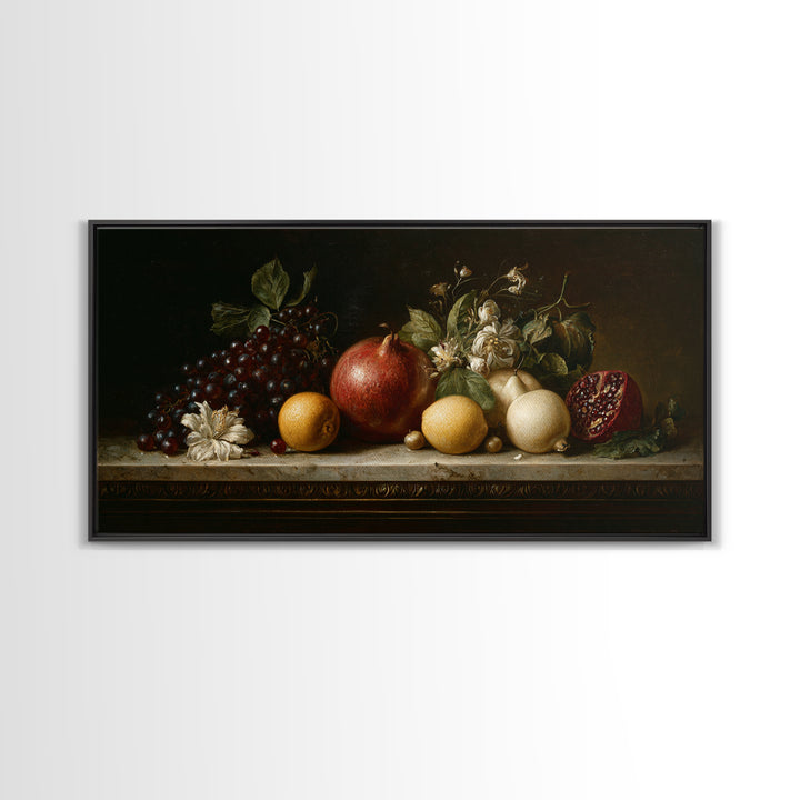 Oil Painted Fruit Still Life on Dark Canvas Print, Renaissanceinspired Art, Printable Art, Living Room Decor, Oil Painting, REN-2x1-47