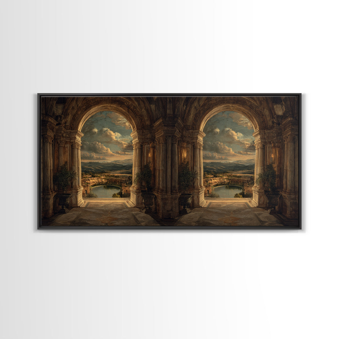 Architectural Arch with Italian Landscape Beyond Canvas Print, Renaissanceinspired Art, Cat Painting, Living Room Decor, REN-2x1-79
