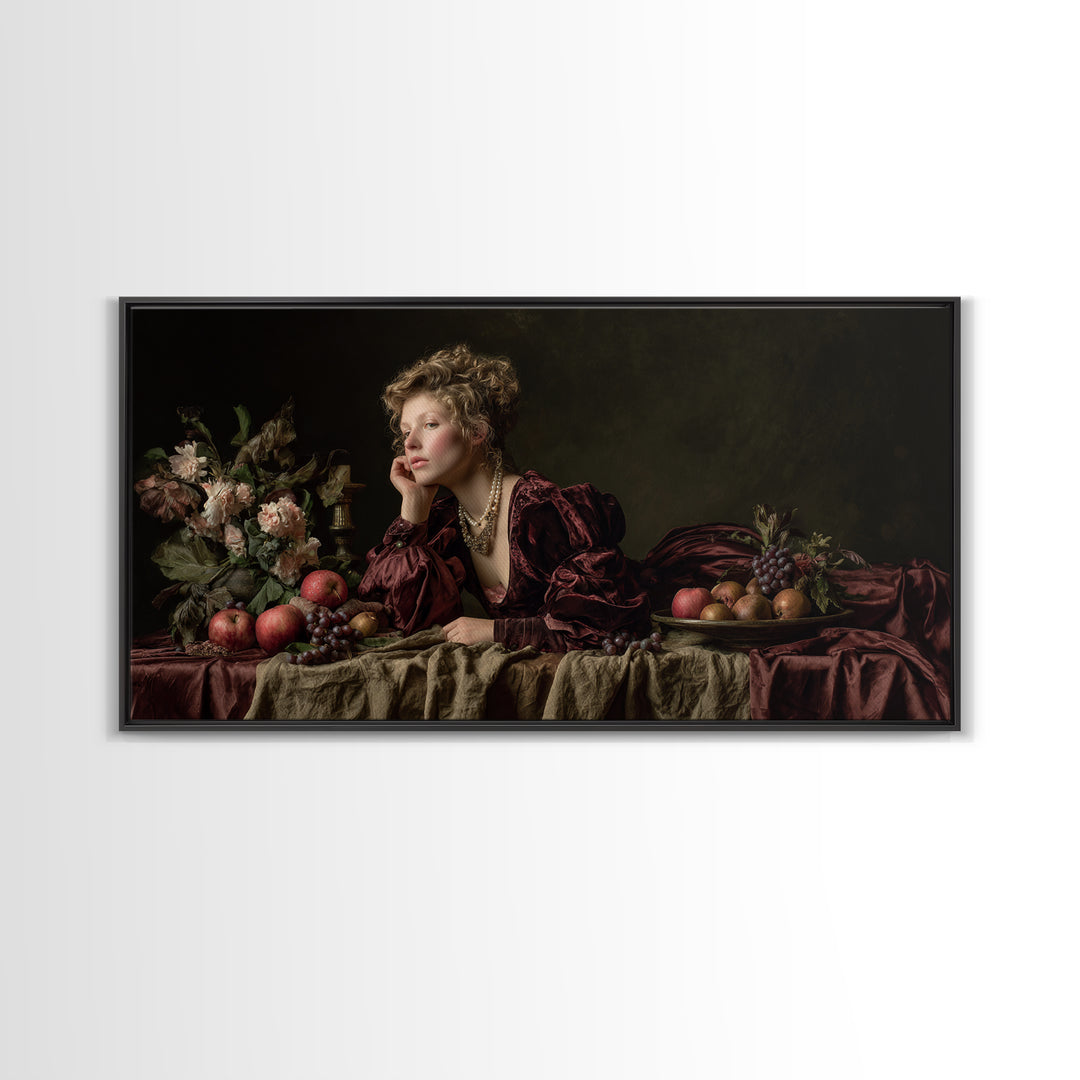 Portrait with Pearl Necklace and Velvet Dress Canvas Print, Renaissanceinspired Art, Boho Decor, Living Room Decor, Classic, REN-2x1-8