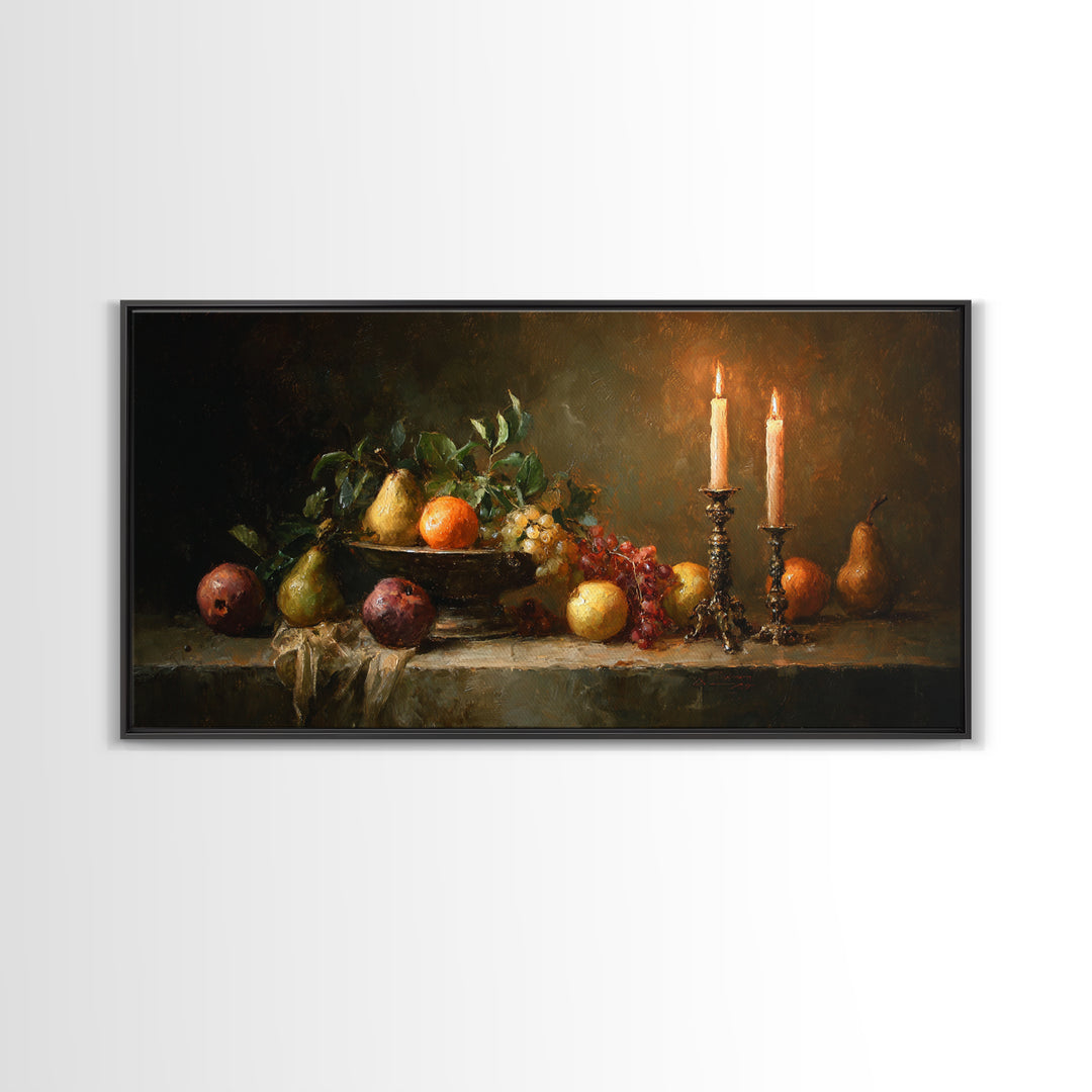 Oil Painted Fruit Still Life on Dark Framed Canvas Print, Renaissanceinspired Art, Fantasy Decor, Living Room Decor, Classic, REN-2x1-95