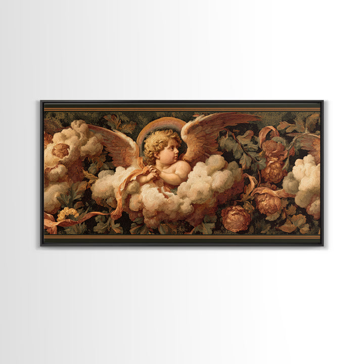 Cherub Holding a Ribbon Among Clouds Canvas Print, Renaissanceinspired Art, Living Room Decor, Watercolor Art, Classic, REN-2x1-98