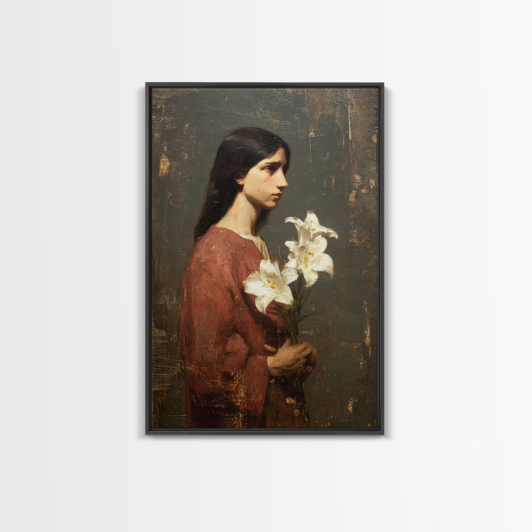 Saint Like Figure Holding White Lilies Framed Canvas Print, Renaissanceinspired Art, Classic Art, Living Room Decor, Classic, REN-2x3-21