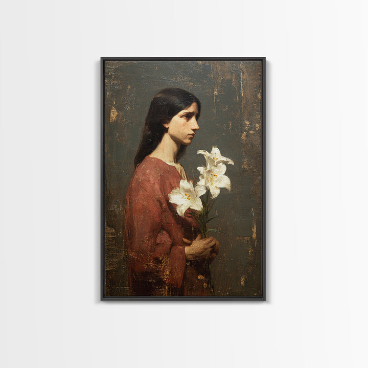 Saint Like Figure Holding White Lilies Framed Canvas Print, Renaissanceinspired Art, Classic Art, Living Room Decor, Classic, REN-2x3-21
