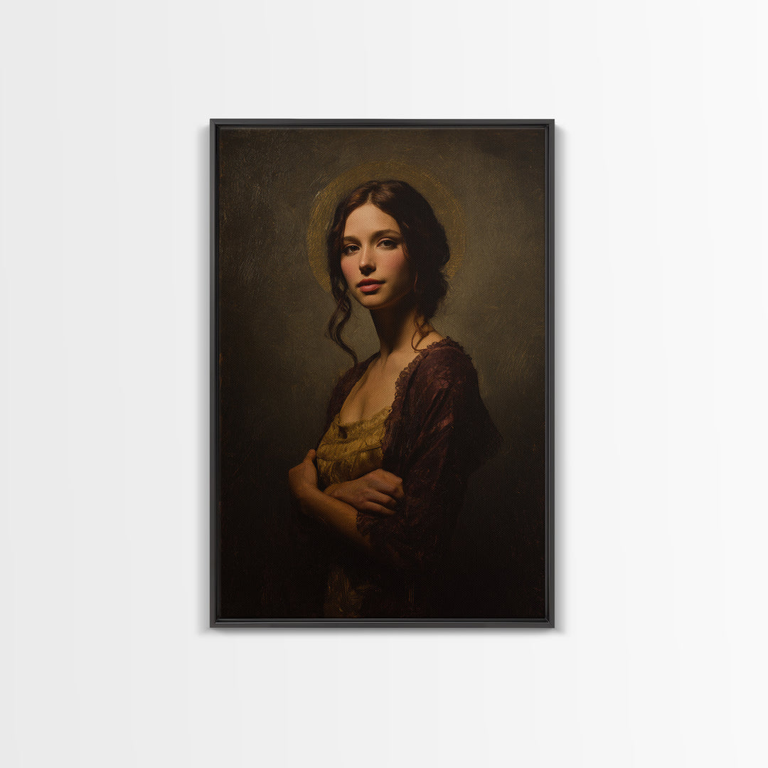 Gold Halo Portrait Framed Canvas Print, Renaissanceinspired Art, Neutral Decor, Living Room Decor, Fine Art, Classic, REN-2x3-37