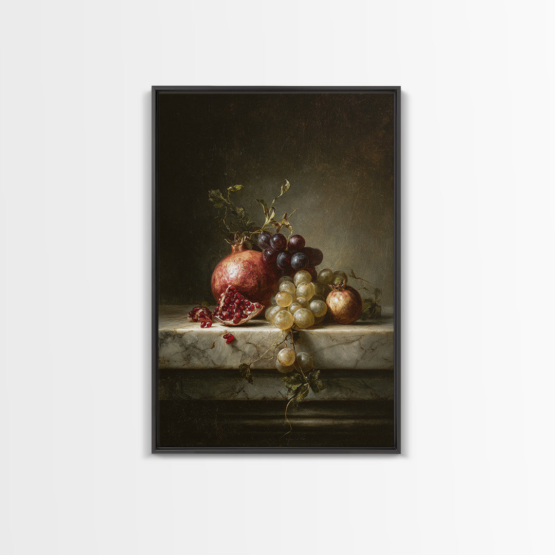 Pomegranate and Grapes on Marble Ledge Canvas Print, Renaissanceinspired Art, Statement Artwork, Living Room Decor, Classic, REN-2x3-49