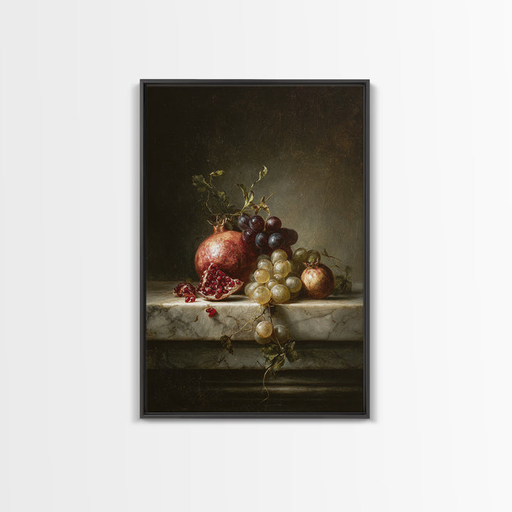 Pomegranate and Grapes on Marble Ledge Canvas Print, Renaissanceinspired Art, Statement Artwork, Living Room Decor, Classic, REN-2x3-49