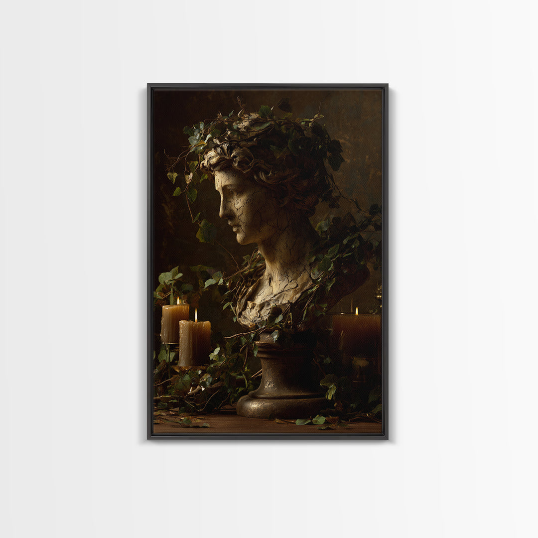 Classical Statue Bust Covered Framed Canvas Print, Renaissanceinspired Art, Floral Print, Living Room Decor, Oil Painting, REN-2x3-51