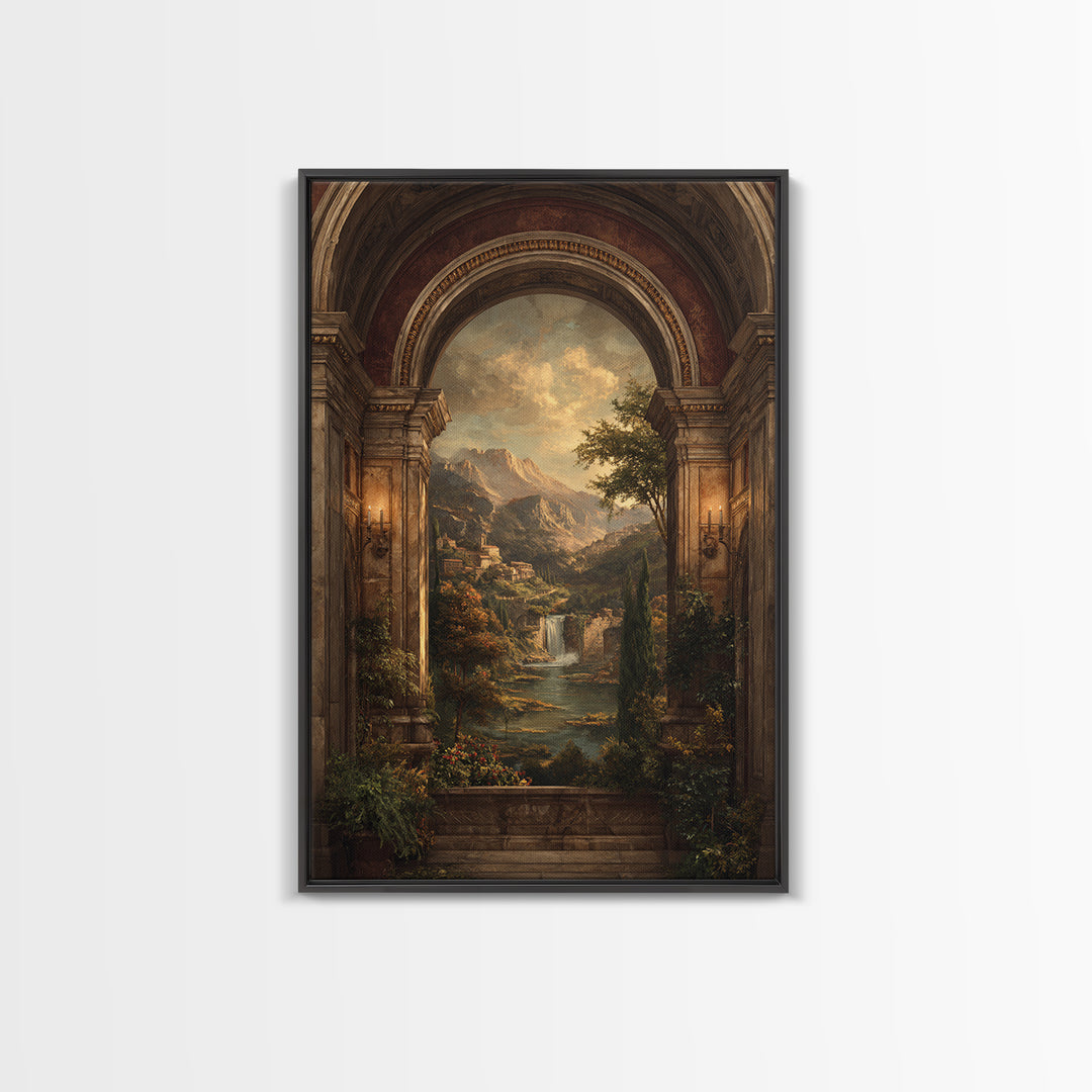Architectural Arch with Italian Landscape Beyond Canvas Print, Renaissanceinspired Art, Floral Painting, Living Room Decor, REN-2x3-67