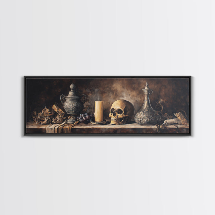 Old Master Skull and Candle Still Life Framed Canvas Print, Renaissanceinspired Art, Room Decor, Living Room Decor, Classic, REN-3x1-2