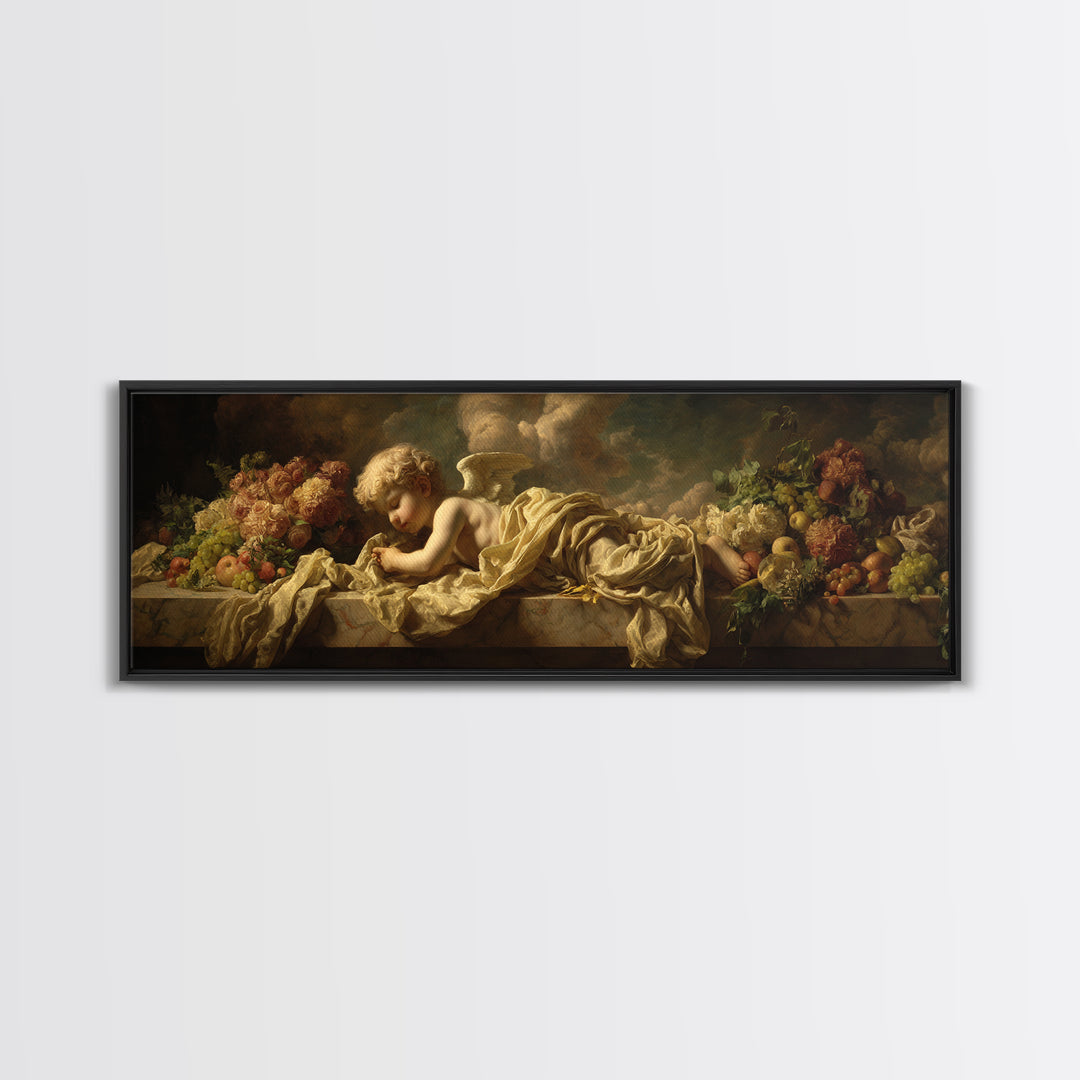 Cherub Holding a Ribbon Among Clouds Canvas Print, Renaissanceinspired Art, Elegant Home Decor, Living Room Decor, Abstract Art, REN-3x1-22