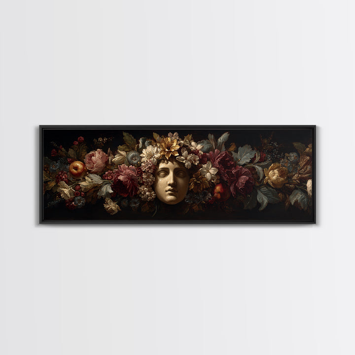 Floral Garland Surrounding a Classical Profile Canvas Print, Renaissanceinspired Art, Painting from Photo, Living Room Decor, REN-3x1-62