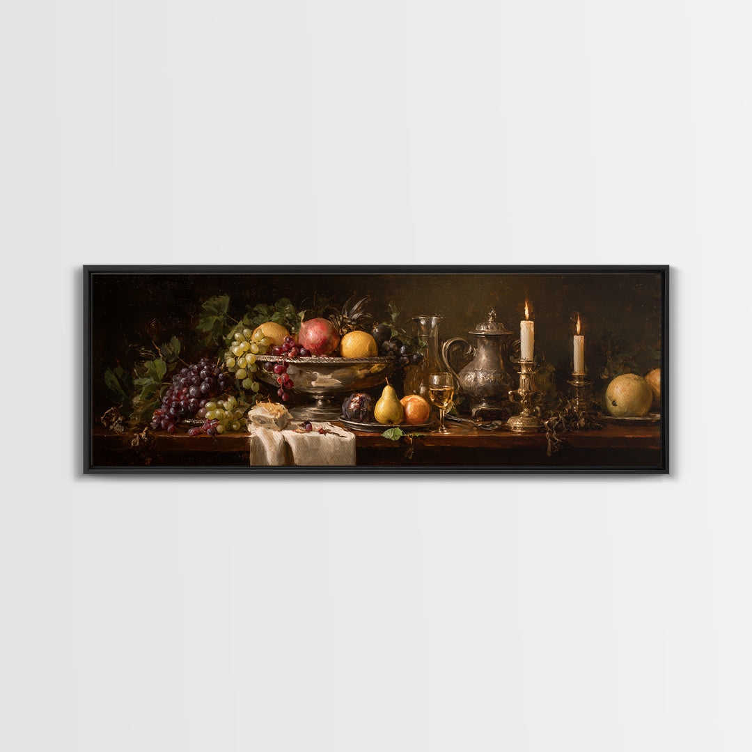 Oil Painted Fruit Still Life on Dark Framed Canvas Print, Renaissanceinspired Art, Wall Art, Living Room Decor, Abstract Art, REN-3x1-67