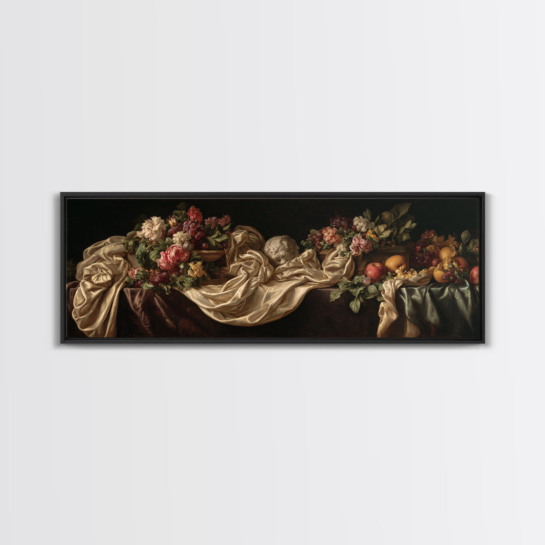 Floral Garland Surrounding a Classical Profile Canvas Print, Renaissanceinspired Art, Minimalist Decor, Living Room Decor, REN-3x1-86
