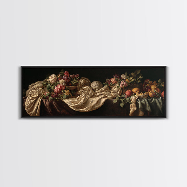 Floral Garland Surrounding a Classical Profile Canvas Print, Renaissanceinspired Art, Minimalist Decor, Living Room Decor, REN-3x1-86