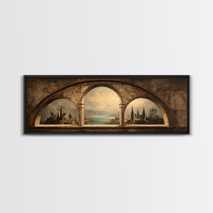 Architectural Arch with Italian Landscape Beyond Canvas Print, Renaissanceinspired Art, Mosaic Wall Art, Living Room Decor, REN-3x1-99