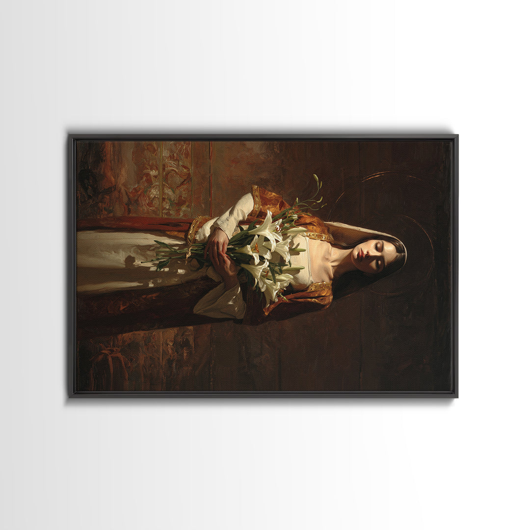 Saint Like Figure Holding White Lilies Canvas Print, Renaissanceinspired Art, Digital Art, Living Room Decor, Oil Painting, REN-3x2-17