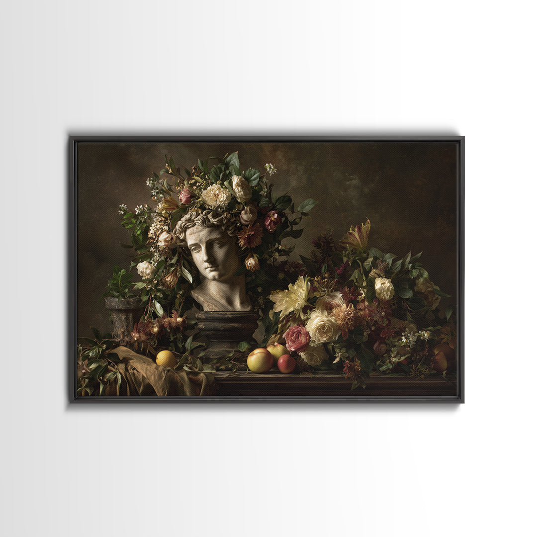Floral Garland Surrounding a Classical Profile Canvas Print, Renaissanceinspired Art, Minimalist Decor, Living Room Decor, REN-3x2-26