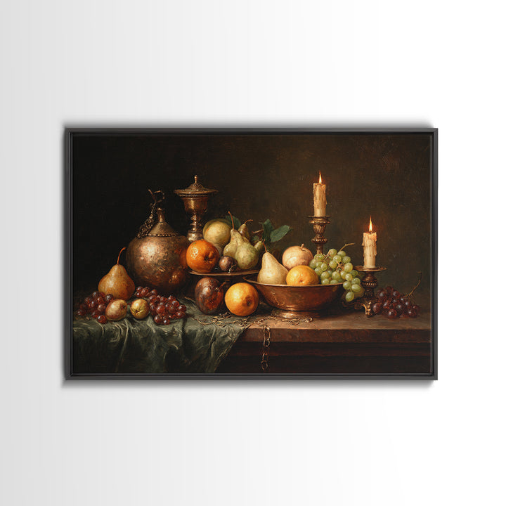 Oil Painted Fruit Still Life on Dark Canvas Print, Renaissanceinspired Art, Yoga Wall Art, Living Room Decor, Classic, REN-3x2-55