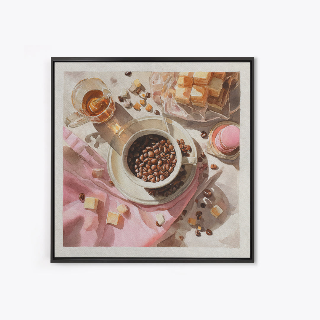 Coffee Beans and Pastry Arrangement Canvas Print, Restaurant Art, Watercolor Painting, Restaurant Decor, Oil Painting, Bistro, RES-1x1-22