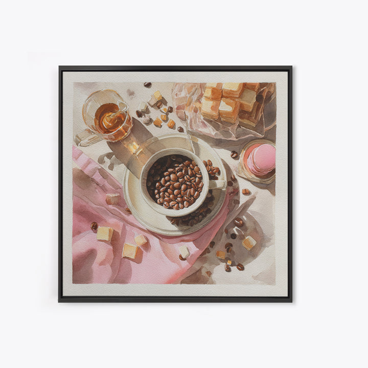 Coffee Beans and Pastry Arrangement Canvas Print, Restaurant Art, Watercolor Painting, Restaurant Decor, Oil Painting, Bistro, RES-1x1-22